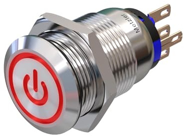Metzler - Druckschalter 19mm - LED Symbol Power Rot - IP67 IK10 - Edelstahl - Flach - Lötkontakte