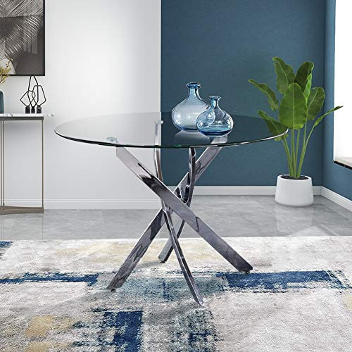 GOLDFAN Esstisch Rund Glas Moderner Küchentisch Runder Glastisch Esszimmertische für Esszimmer Wohnzimmer Küche, 90 cm, Silber