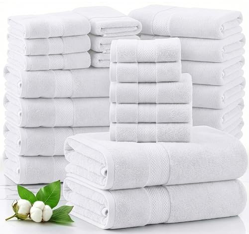 LANE LINEN 100% Cotton Bathroom Towel Set of 24 piece - 4 Bath, 4 Fingertip, 6 Hand, 8 Washcloths, 2 Bath Sheets - Soft, Durable & Absorbent - Hotel & Spa-Quality Design - White Towels