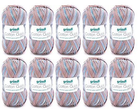 Gründl Wolle Cotton Quick print Strickgarn 10 Knäuel 50 g, Beige-blau-grau | dünne Wolle zum Häkeln mit Farbverlauf - Strickgarn - Glänzend und hautfreundlich - 100 % Baumwolle - 50 g / 125 m