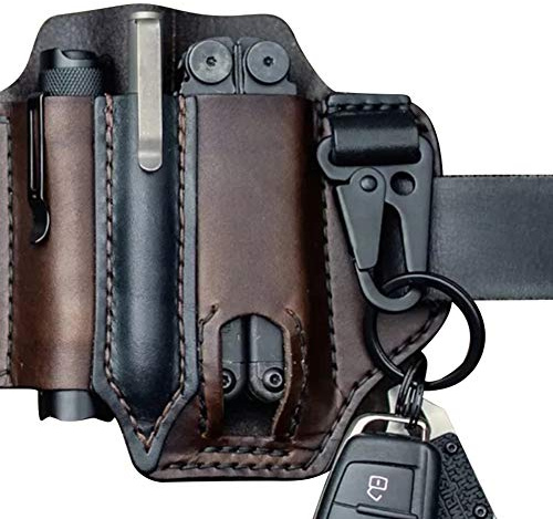 Multiherramienta EDC Funda de Cuero, Funda de cuero para Leatherman Multitool Funda EDC Organizador de bolsillo con soporte para llave para cinturón y linterna Funda Multitool Bolsa, Marrón Oscuro