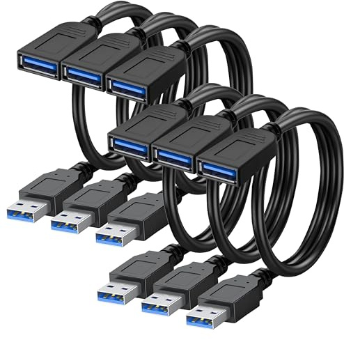 SaiTech IT 6 Pack Short Length 1 Feet USB 3.0 Extension Cable, USB 3.0 A Male to Female Extender - Black