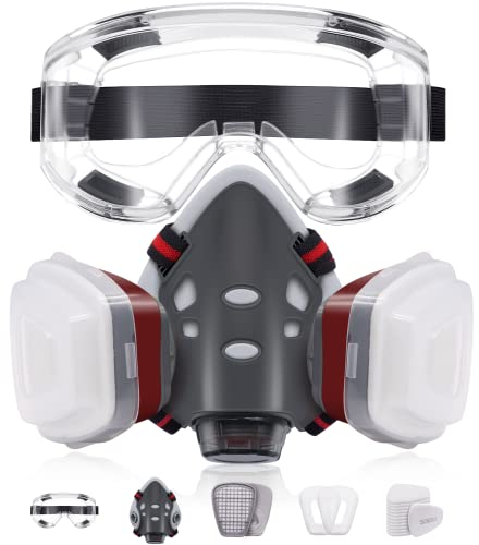 Facemoon Atemschutzmaske, Wiederverwendbar, Halbe Gesichtsabdeckung, Lackierer Gasmaske mit 10 Filters Wiederverwendbar Staubmaske Halbmaske mit Schutzbrille für Polieren Kohlenmine