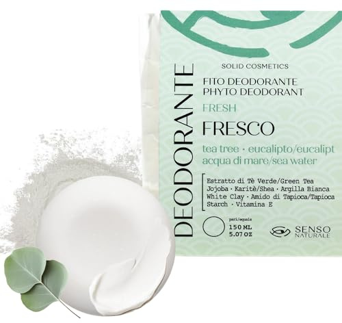 Senso Naturale Desodorante Sólido Fresco 100% Natural, Bio, Perfum de Eucalipto, Té Verde, Árbol de Té, Reduce la Formación de Moléculas Malolientes, Protege, Hidrata, Calma