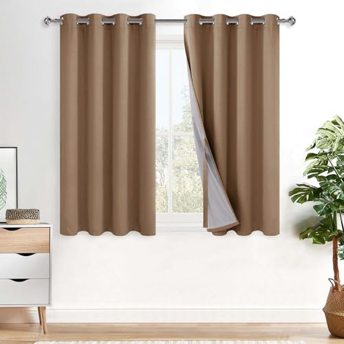 XWZO Full Shading Blackout Curtains 45 Inches Length - Heat and Light Blocking Ring Top Window Drapes with Black Liner Backing for Bedroom Sewn with Tiebacks, Cappuccino, W52 x L45, Set of 2 Panels