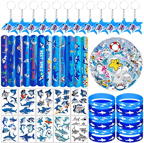 WINMIND 96 Pezzi Squalo Partito Bomboniere Incluso Squalo Portachiavi , Silicone Braccialetto Braccialetti, Bracciali a schiaffo, Adesivi per tatuaggi e Adesivi sugli squali per Doccia per bambini