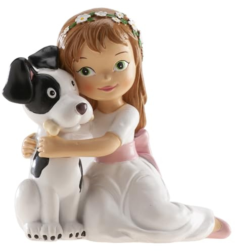 dekora - Figura Decorativa per Prima Comunione - Bambina con Cagnolino - Realizzata in Resina - Decorazione per Torte - 11,5 cm Altezza - Design Originale e Dettagliato - Adatta al Contatto Alimentare