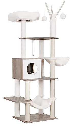 Hey-brother Kratzbaum, 141 cm Katzenbaum, Stabil Katzenmöbel mit Sisalpfähle, Hängematte, Plattformen, Modern Holz Kletterbaum, Vintagegrau EMPJ120-MSG