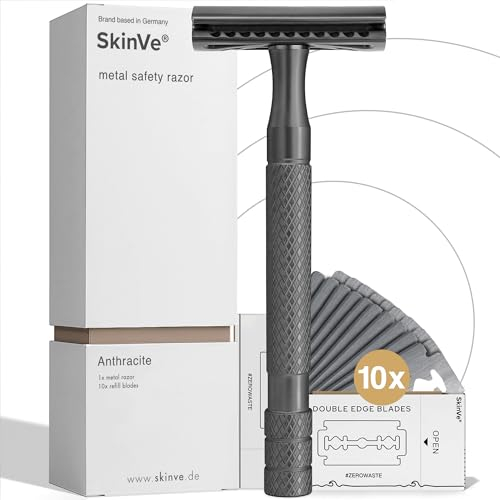 SkinVe® Premium Rasierhobel in Anthrazit inkl. 20 Rasierklingen I Zero Waste Nassrasierer für Damen und Herren I Sicherheitsrasierer mit 2-seitigem Klingenkopf I Plastikfrei