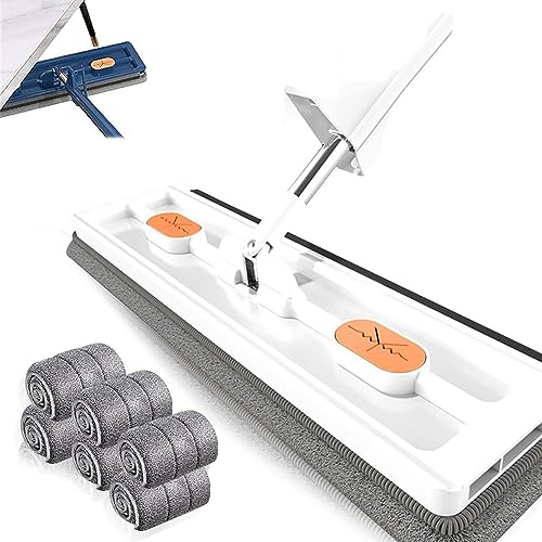 Großer Flachmop,Großer Flachmop, 2023 Neu Großer Flach Mopp Bodenwischer, 360° Drehgelenk Bodenwischer Set Flachmopp mit Wiederverwendbaren Mikrofaser-Wischpads (Weiß + 6 Pads)