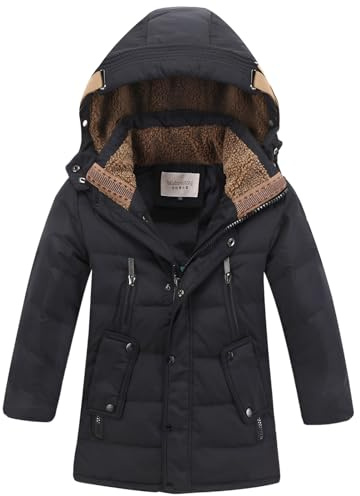 amropi Garçons Manteau d’Hiver Veste en Duvet à Capuche Chaud Parka Blouson Noir, 9-10 Ans