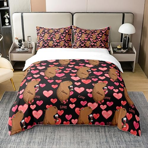 100% Bio-Baumwolle Mädchen Capybara Duvrt Abdeckung 200x200 Rosa Liebe Herz Bettwäsche für Kinder Kawaii Tier Tröster Abdeckung Cartoon Capybara Bett Sets mit 2 Kissenbezüge Schlafzimmer Dekor