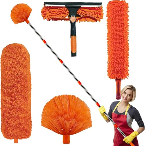 Kit de plumeau à grande portée de 6 m avec poteau épissable de 0,9 à 4,3 m // Outil de dépoussiérage et de nettoyage de vitres // Lave-vitres et raclette, plumeau en toile d'araignée, pale de