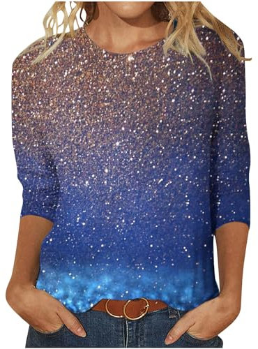 Tshirt Damen 3/4 Arm Pailletten Oberteil Shirt Lässig Rundhals Tunika Longshirt Festliche Glitzer Langarmshirt Elegant Bluse Tops Neuartige Drucke Sommershirt Baumwolle Liebe Sportshirt