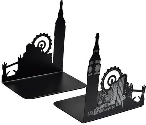 MPEIPILA Fermalibri per Libreria 2 Pezzi, Metallo Verniciato Nero Opaco, Reggilibri da Mensola, Design Londra per Fumetti, CD e DVD