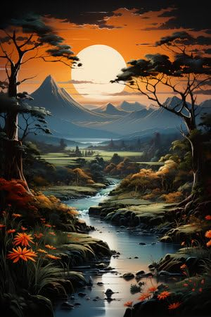 adrium Acryl-Bild 40 x 60 cm: Wunderschöne Landschaft mit Berg und Fluss bei Sonnenuntergang, Vektorillustration. (213113890)