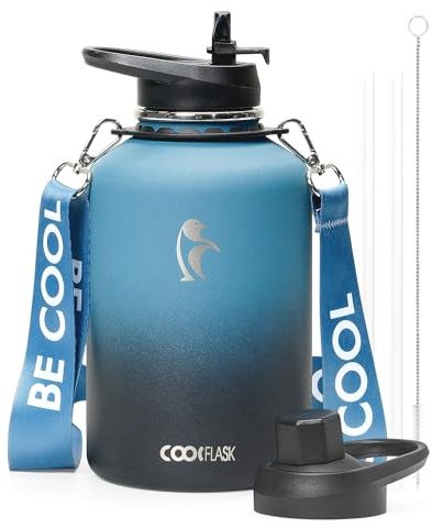 Coolflask Borraccia termica in acciaio inox con isolamento 1,9 L e tracolla | Borraccia inox 1,9L 3 strati, freddo 48h, con cannuccia e beccuccio, antiperdita, lavabile, BPA-free, capiente per trekking