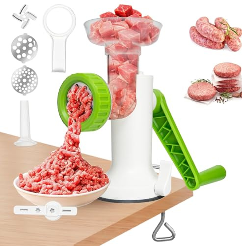 LHS Molinillo de carne manual, relleno de salchichas, picadora de carne 3 en 1 con cuchillas de acero inoxidable para carne, salchichas, churros, verde