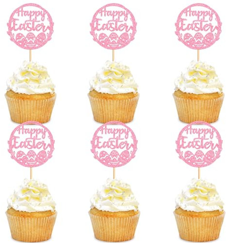 Blumomon 24Pcs Easter Eggs Cupcakes Pink Glitter Happy Easter Cupcake Toppers Egg Cupcake Toppers for Easter Party Cake Decorations