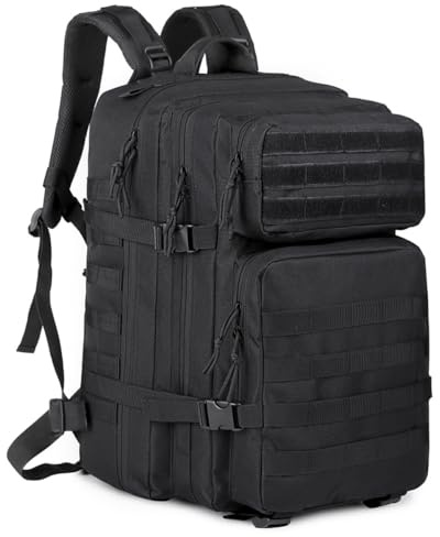 ORILOOSEN 48L 3-day Tactical backpack heavy duty zipper，Hiking Camping Hunting Climbing backpack Nylon canvas Knapsack Outdoor backpack (Black)