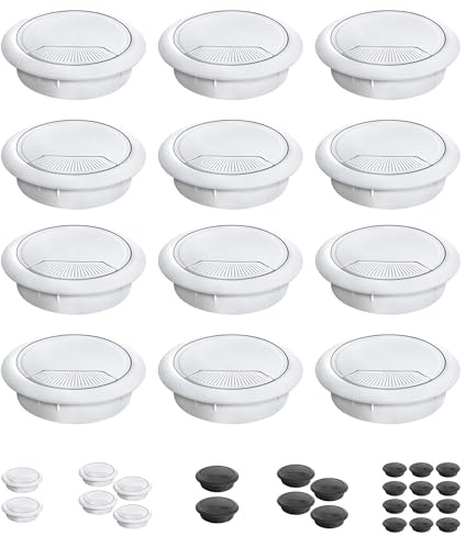 Mablik® Pasacables Escritorio Blancos, 12 Unidades. Tapa Pasa Cables para Escritorio como Embellecedor, Agujero Mesa de Diámetro 60 mm, con Muelle. Organizador de Cables (12 Pasacables Blancos)
