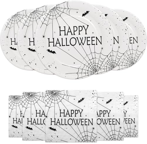 HNH Pappteller Set Servietten Halloween Spinnennetz 40er-Set Partyteller Mit Papierservietten Partygeschirr Deko