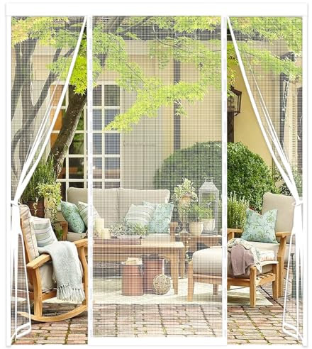 Magnet Fliegengitter Tür, Doppeltür Magnetvorhang, Insektenschutz Balkontür 160x200CM, Stärkere Magneten Fliegengittertüren für Schiebetür, Kellertür und Terrassentür, zwei Öffnungen, Weiß