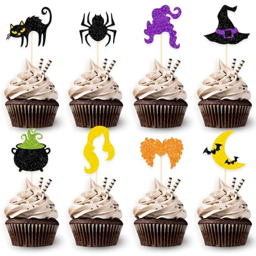DazzJoy Halloween-Torte- und Muffins-Deko Set - 24 Glitzerkatze, Hexe, Fledermaus, Spinne Cupcake Toppers