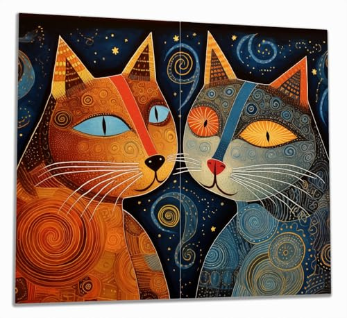 Wallario Herdabdeckplatte/Spritzschutz aus Glas, 2-teilig, 60x52cm, für Ceran- und Induktionsherde, Kosmische Katzenfreunde