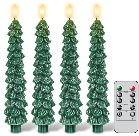 GenSwin Christmas Tree Flameless Taper Candles with Remote Timer, Christmas LED Taper Candles with 3D Flame, 4 Pcs Green LED Candlesticks for Christmas Home Decoration(0.78” x 9.8”)