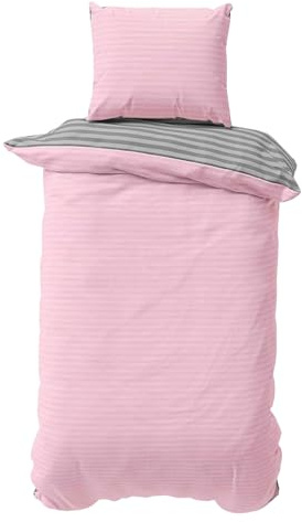 Bettwäsche 155x220 cm 2 teilige Bettbezug Set Rosa Grau Damast Stripe Wendebettwäsche Bettwaren 70% Baumwolle 30% Polyester