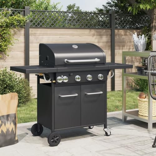 Homgoday Barbecue Gril à Gaz avec 5 Brûleurs Noir Acier Enduit de Poudre, Barbecue Grill d'Extérieur, BBQ à Charbon Smoker Fumoir pour Viande, Poisson, Fromage Cuisine extérieure A