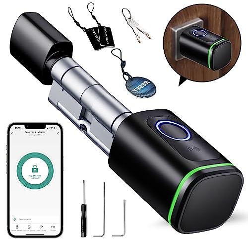 AVATTO Cerradura de puerta inteligente con huellas dactilares, cilindro electrónico de 70 mm (35/35) con 2 llaves, tarjeta IC, compatible con aplicación Smart Life, control remoto, Bluetooth con