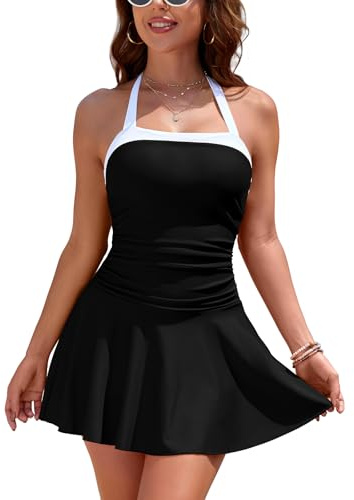 SHEKINI Costume Intero da Donna con Bretelle Costume da Bagno Senza Schienale con Controllo della Pancia e Gonna（L，Nero-HB）