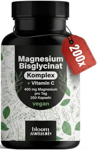 Magnesium Komplex hochdosiert – 200 Kapseln – 400 mg pro Tag | Vitamin C + Bisglycinat & Citrat – vegan, produziert in Deutschland, laborgeprüft
