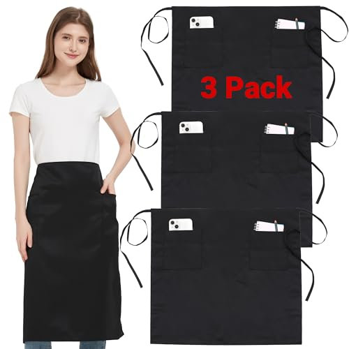 3 Pack Waist Apron with 3 Pockets, Black Waitress Waiter Aprons for Women Man, Water Resistant Server Aprons Long Straps Bistro Apron for Chef Restaurant Work Bar (3, Black - 27.95''X 31.5'')