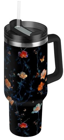 EtherSpher Aesthetic Portulaca Grandiflora - Botella de agua reutilizable al vacío negra de 40 onzas con pajilla, resistente a fugas, taza de café grande decorativa para el hogar, la oficina o el