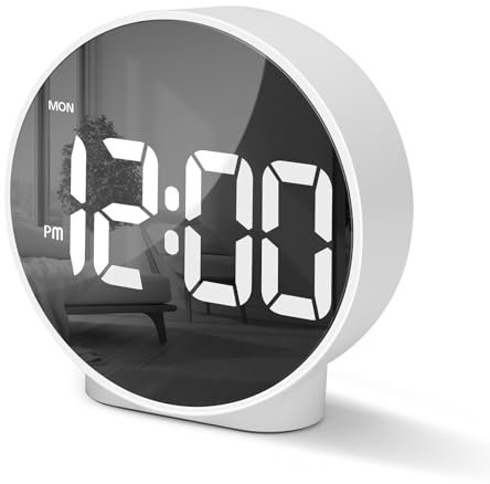 Lafocuse Despertador Digital con Pantalla LED Curva Redondo, 2 Alarma, Snooze, 4 Brillo Ajustable, 12/24 Horas, Reloj Despertador Digital Mesita Noche Sobremesa, Números Blancos