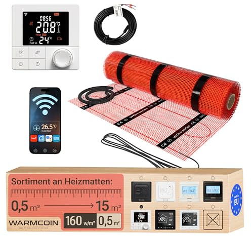 Warmcoin Elektrische Fußbodenheizung Paket 160 W/m² – Fliesen, Laminat & Vinyl – 0,5 m² – W40 WLAN-Thermostat mit komfortabler Temperatursteuerung – Smart Home