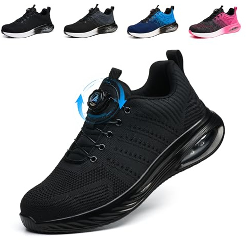Safety Trainers Men Women Safety Shoes Lightweight Steel Toe Cap Trainers Breathable Non Slip Work Shoes with Swivel Buckle Shoelaces, Black, 6 UK