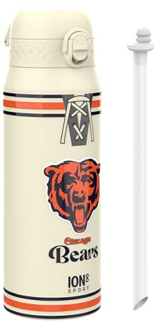 Ion8 NFL Chicago Bears Sports Thermal Water Bottle with Removable Straw, 750ml/24oz, Leak Proof Insulated Drinking Bottle, Easy to Open, Secure Lock, Dishwasher Safe, Flip Cover, Metal Water Bottle