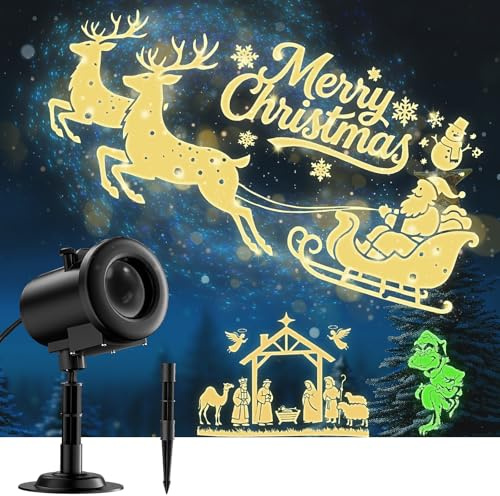 Weihnachten Deko Outdoor Innen,3D Dynamische Halloween Projektor, Wasserdicht LED Projektionslampe mit Schlitten,Jesus,Schädel,Fledermaus für Wand Friedhof Fenster Garten Hof Party Deko Projector