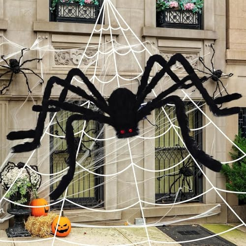Muorruo Red Gigante de araña de 5 m, araña Peluda de 150 cm y telarañas elásticas, Decoraciones de Halloween, araña Artificial escalofriante con Red Gigante Triangular, Grandes Accesorios