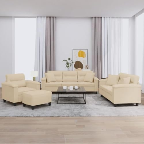 Qnhdfrt Sofagarnitur 4-TLG. mit Kissen Creme Mikrofasergewebe Bequem Robust Sessel Zweisitzer Dreisitzer Fußhocker für Wohnzimmer Balkon Jugendzimmer