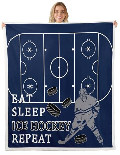 Ice Hockey Fleece Blanket,Puck Ball Hockey Player Throw Blanket for Sofa Adults,Winter Extreme Sports Navy Blue Soft Blankets Bed Couch,Queen (90 x 90 Inches)