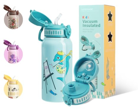 UZSPACE Botella Agua Acero Inoxidable para Niños 550ml con 2 Tapas Diferentes, A Prueba de Fugas, Apertura de un Clic, Termo con Pajita para Colegio, Guardería, Deporte Niños y Niñas (Verde)