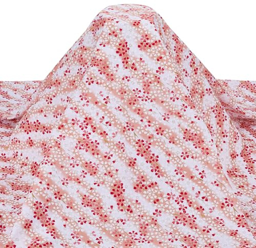 FINGERINSPIRE 1.48x1m Tissu Coton Japonais Coton Coloré Style Japonais Motifs Fleurs de Cerisier Rouge Blanc et Étamines Dorées pour Artisanat Vêtements Décoration Maison Projets DIY