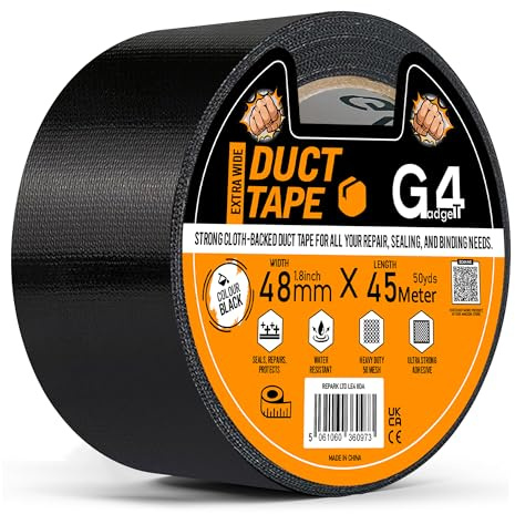 G4GADGET Black Duct Tape 48mm x 45m – Heavy Duty Gaffer Tape, Weather Resistant Strong Adhesive for Indoor & Outdoor Repairs, Packing, Sealing, Bundling & DIY