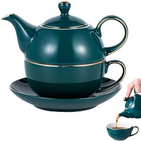 Ensemble théière et tasse à thé pour une, théière et tasse en céramique exquise avec soucoupe, ensembles de élégants élégants pour la décoration de table cuisine, vert paon, Decoraci