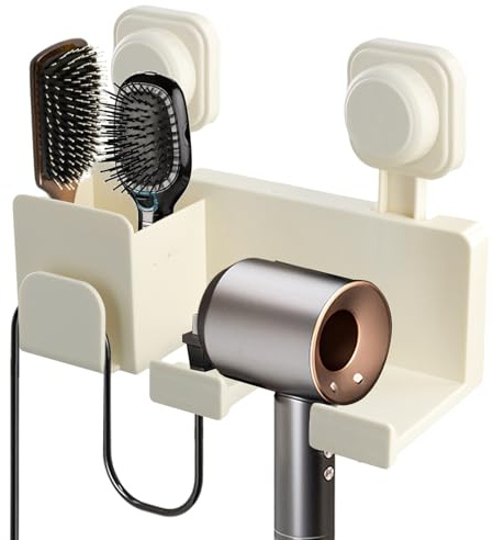 xianynow Hair Dryer Holder Wall Mounted, No Drilling Hair Dryer Stand with Cable Tidy Rack, Multifunctional Hairdryer Storage Organizer Bracket Hanger for Bathroom, Dressing Table, Milky White